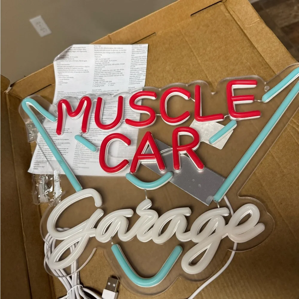 Muscle Car Garage Neon Wall Sign - Red, White & Teal